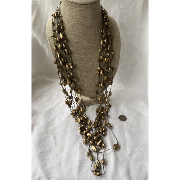 Chicos Olive Green Matte Gold Tone 23" Long Bead Statement Necklace NEW - Picture 7 of 13